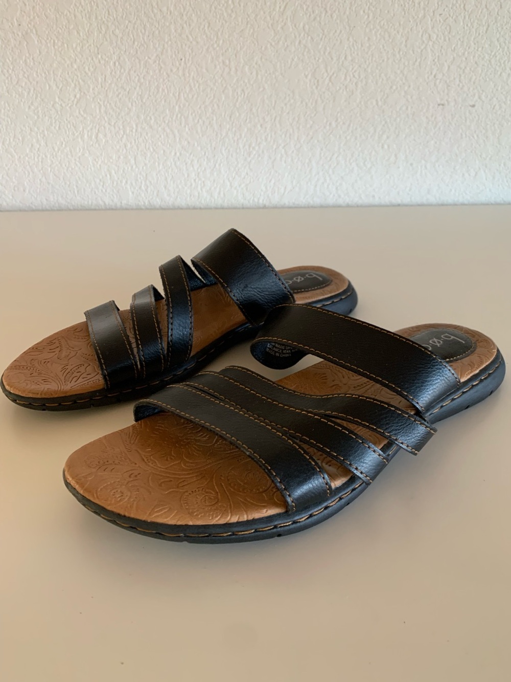 b.o.c. Black Multi-Strap Slide Sandals with Brown Footbed